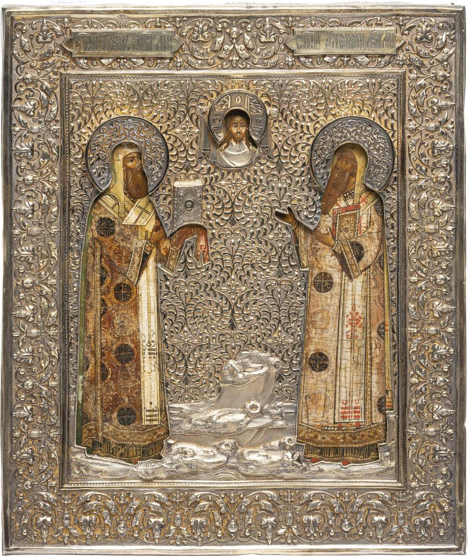 FEINE IKONE MIT DEN MOSKAUER METROPOLITEN PJOTR UND ALEXI MIT VERMEIL-RIZA: A FINE ICON SHOWING THE METROPOLITANS PIOTR AND ALEXI OF MOSCOW WITH SILVER-GILT RIZA Russian, 17th century (icon), Russian, Moscow, Michael Dmitrievitch Shein, 1865 (riza) Tempera on wood panel. Fine