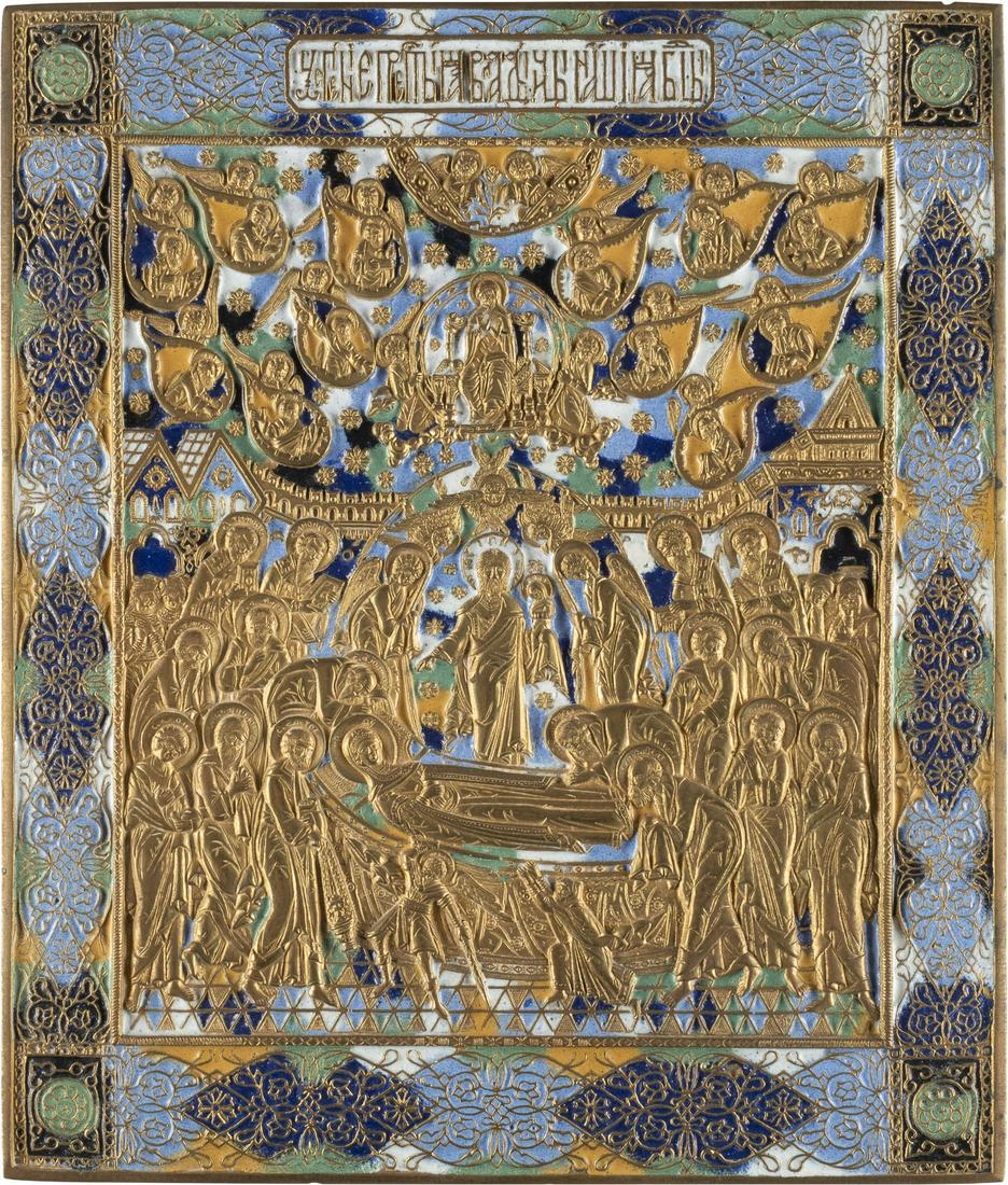 GROSSE BRONZE-IKONE MIT DEM ENTSCHLAFEN DER GOTTESMUTTER (KOIMESIS): A LARGE BRASS AND ENAMEL ICON SHOWING THE DORMITION OF THE MOTHER OF GOD Russian, 19th century Cast in relief, enamelled in yellow, black, blue, light blue and white. Gilded. 28 x 24 cm.GROSSE BRONZE-