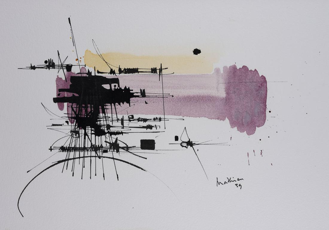 GEORGES MATHIEU, OHNE TITEL (1959): GEORGES MATHIEU 1921 Boulogne-sur-Mer - 2012 Paris UNTITLED (1959) Watercolour, ink on Arches FRANCE (watermark)/VÃ©ritable Papier d'Arches fin. Sheet size 45 x 75 cm, visible size 43 x 73,5 cm (f.