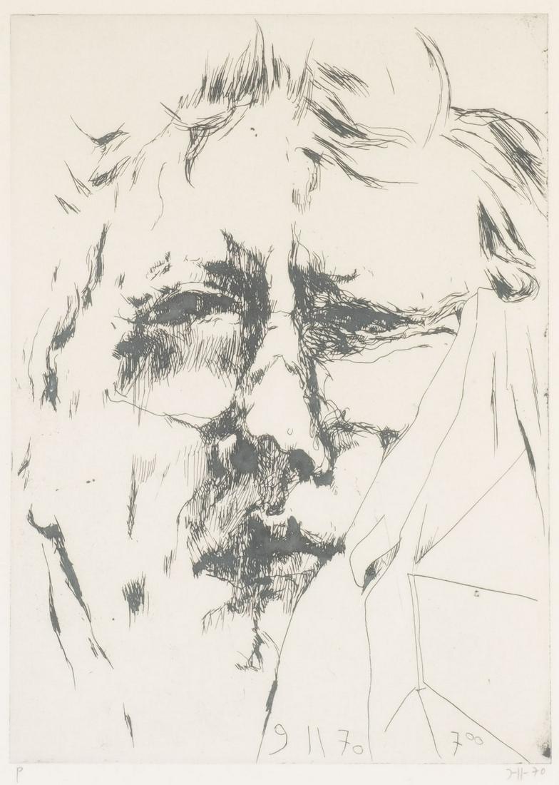 HORST JANSSEN, 'SELBST 9.11.70' (1970): HORST JANSSEN 1929 Hamburg - 1995 ibid. 'SELBST 9.11.70' (1970) Etching on vellum, proof. Print size 26 x 19 cm, visible size 42 x 34 cm (f. 53 x 44,5 cm). Signed in pencil at lower right 'Janssen 70'