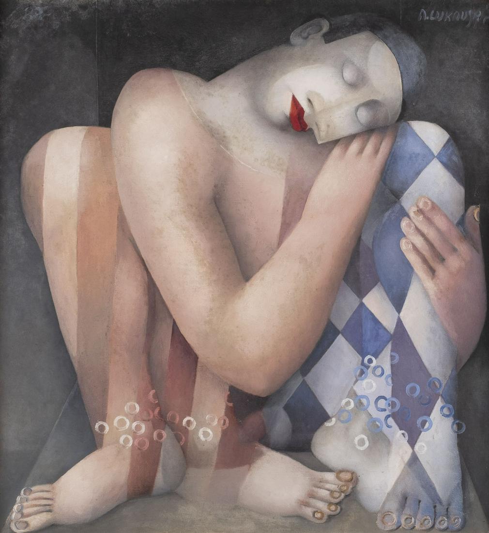 ANTONÃN LUKAVSKÃ, 'ESKAMOTÃ‰R' (TASCHENSPIELER): ANTONÃN LUKAVSKÃ 1947 Hradec KrÃ¡lovÃ©, Czech Republic 'ESKAMOTÃ‰R' (BAG PLAYER) Oil on canvas. 65 x 60 cm (f. 78,5 x 73,5 cm). Signed at upper right 'A. LukavskÃ½'. Verso: Signed and title
