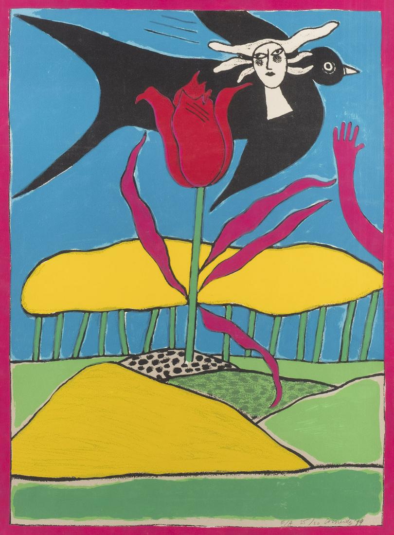 CORNEILLE, OHNE TITEL (1999): CORNEILLE 1922 LiÃ¨ge - 2010 Auvers-sur-Oise UNTITLED (1999) Colour lithograph on cardboard. Sheet size 75,5 x 56,5 cm. Signed and dated in pencil at lower right 'Corneille (19)99' and numbered 'E/A