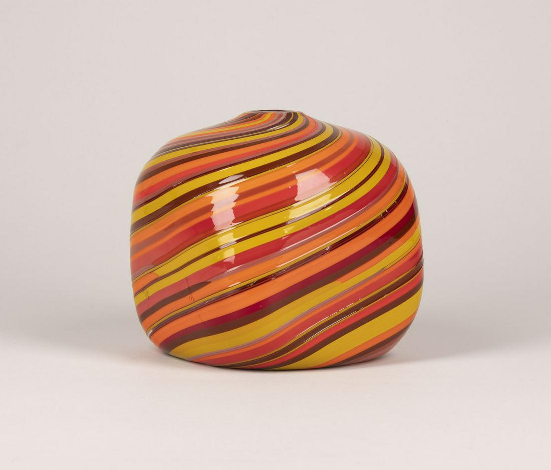 FULVIO BIANCONI, VASE 'SIMIL CUBICA': FULVIO BIANCONI 1915 Padua - 1996 Milan VASE 'SIMIL CUBICA' Italy, Murano, I.V.R. Mazzega for Galleria Danese Milan, 1959 Cube-like form, spirally rising glass bands 'a canne' in yellow and red tones.