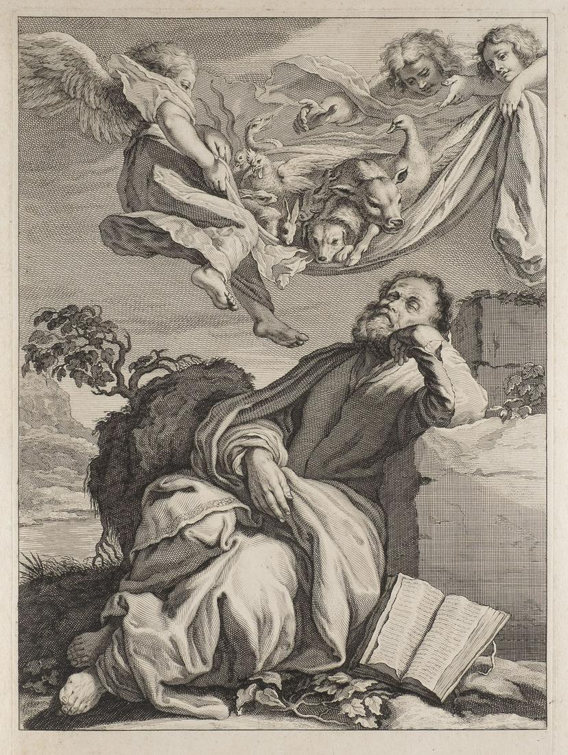 JACOB MATHAM DIE VISION DES HEILIGEN PETRUS: JACOB MATHAM 1571 Haarlem - 1631 ebenda DIE VISION DES HEILIGEN PETRUS Radierung auf chamoisfarbenem Buetten, auf leichten Karton montiert. BM 45,5 x 33,5 cm, PM 41,5 x 29,5 cm. Leicht fleckig, gebrae