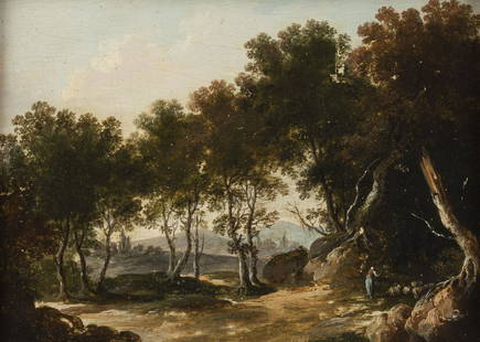 JOHANN WILHELM SCHIRMER (UMKREIS) LANDSCHAFT: JOHANN WILHELM SCHIRMER (CIRCLE) 1807 Juelich - 1863 Karlsruhe Landscape Oil on wood. 16,5 x 22,5 cm (25 x 30 cm). Verso: ownership stamp. Part. min. abraded. Frame. JOHANN WILHELM SCHIRMER (UMKREIS)