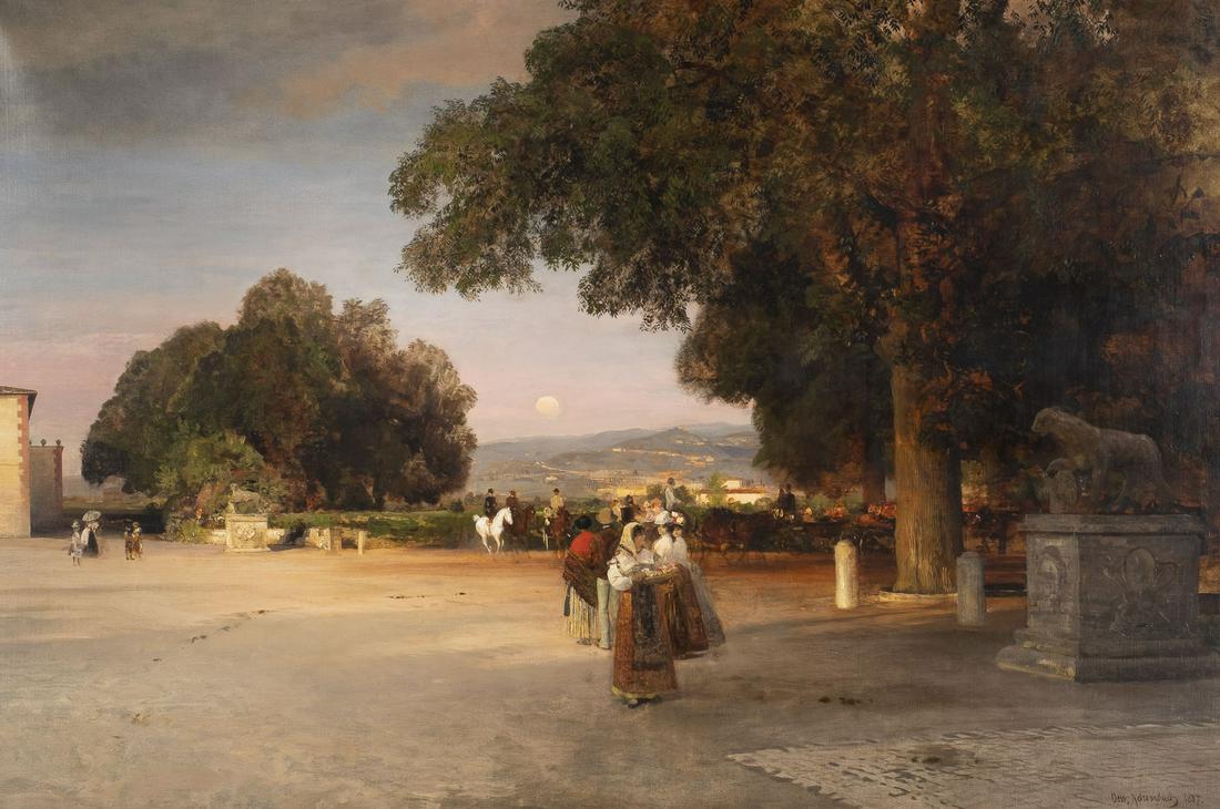OSWALD ACHENBACH ABENDSTIMMUNG AUF DER TERRASSE EINER ROEMISCHEN VILLA (1887): OSWALD ACHENBACH 1827 Duesseldorf - 1905 ibid. Evening atmosphere on the terrace of a Roman villa (1887) Oil on canvas. 90,5 x 134 cm (F. 100,5 x 145 cm). Signed and dated lower right 'Osw. Achenbach