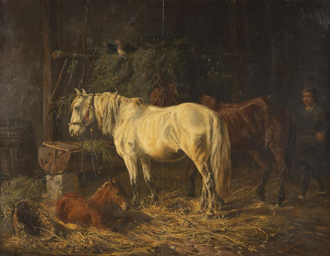 LUDWIG HARTMANN ZWEI PFERDE UND EIN FOHLEN IM STALL (1 of 2)