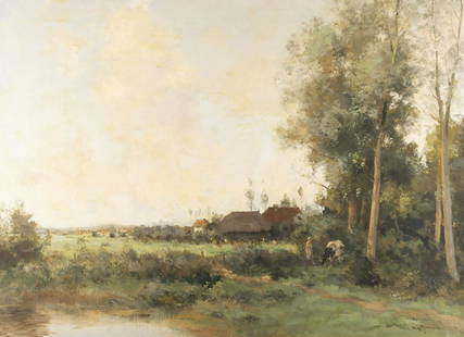 WILLEM GEORGE FREDERIK JANSEN LAENDLICHE LANDSCHAFT MIT GEHOEFTE UND TEICH: WILLEM GEORGE FREDERIK JANSEN 1871 - 1949 Rural landscape with farmhouses and a pond Oil on canvas. 92 x 123 cm (F. 101 x 133 cm). Signed lower right. Soiled. Frame. Provenance: Private collection Low