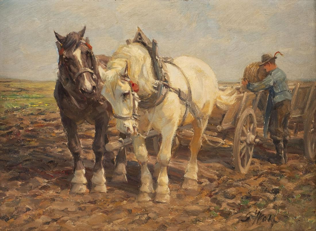 GEORG WOLF BAUER MIT ZWEI PFERDEN AUF DEM FELD: GEORG WOLF 1882 Niederhausbergen - 1962 Uelzen Farmer with two horses in the field Oil on canvas. 37 x 51 cm (F. 55 x 70 cm). Signed lower right 'G. Wolf'. Part. min. abraded. Frame. GEORG WOLF 1882 N