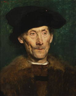 MAX THEDY BILDNIS EINES AELTEREN MANNES (1885): MAX THEDY 1858 Munich - 1924 Weimar Portrait of an elderly man (1885) Oil on wood. 49 x 39 cm (F. 74 x 64 cm). Signed, place name and date upper left. Dot. Paint rubbing on the hat, part. min. ber. Fr