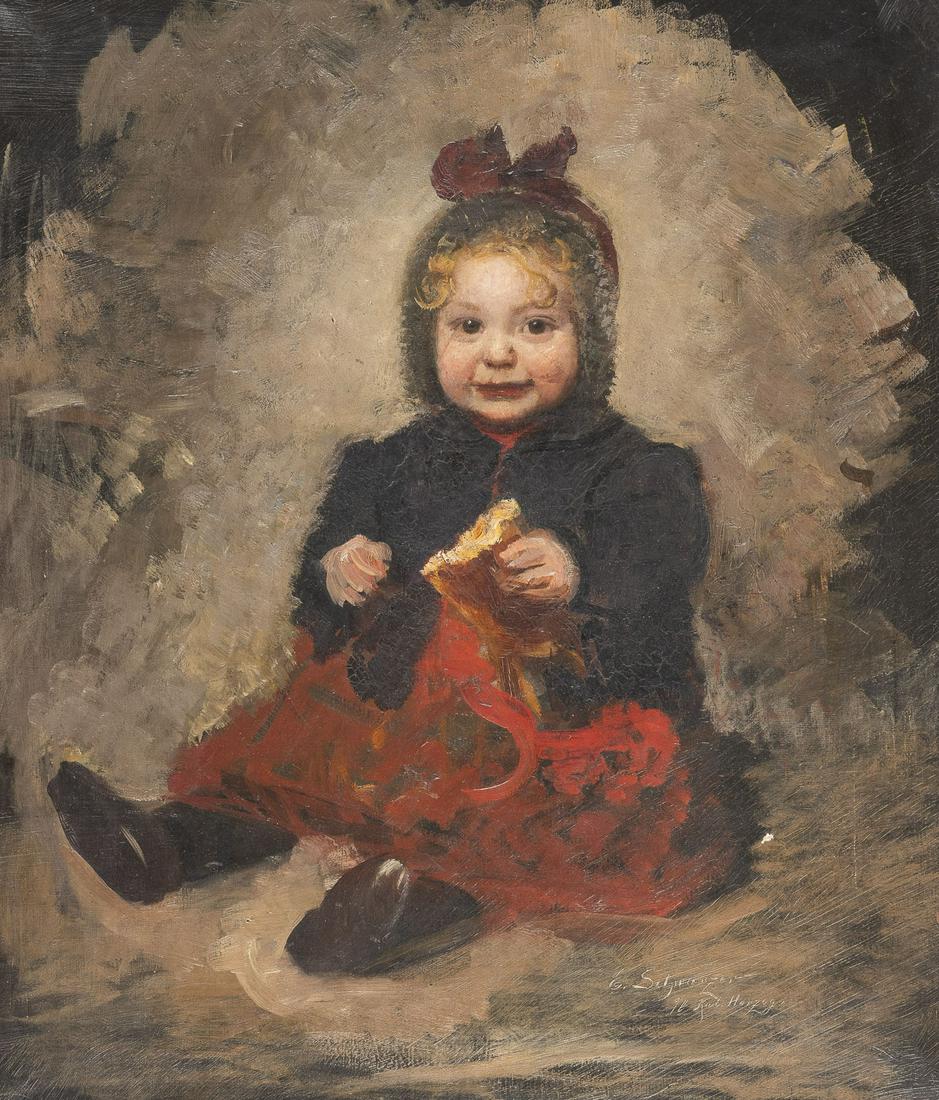 EDMUND SCHWARZER KLEINES MAEDCHEN IM ROTEN KLEID MIT EINEM STUECK BROT IN DER HAND: EDMUND SCHWARZER 1868 Duesseldorf - 1952 ibid. Little girl in a red dress with a piece of bread in her hand Oil on canvas. 83 x 71 cm (R. 100 x 88 cm). Incised signature lower right 'E. Schwarzer' and