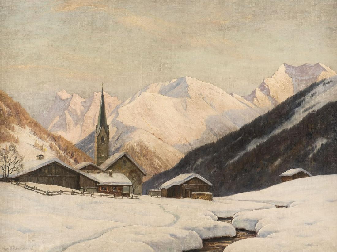 ERWIN KETTEMANN WINTERABEND IN BERWANG: ERWIN KETTEMANN Munich 1897 - 1971 Winter evening in Berwang Oil on canvas. 61 x 80.5 cm (F. 78 x 98 cm). Signed lower left 'E. Kettemann Mchn.'. Verso: on stretcher handwritten titled and indicated.