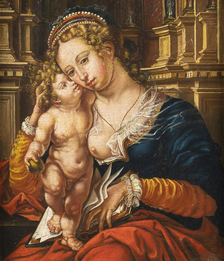 JAN GOSSAERT (WOHL NACHFOLGER) JUNGFRAU MIT DEM KIND: PROBABLY FOLLOWER OF JAN GOSSAERT ('CALLED: MABUSE') About 1478 Duurstede (Utrecht) - 1 October 1532 Antwerp Um 1478 Duurstede (Utrecht) - 1. Oktober 1532 Antwerpen VIRGIN WITH THE CHILD JUNGFRAU MIT