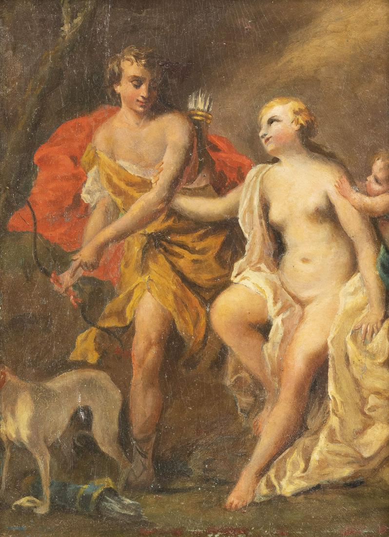 JACOPO AMIGONI (AUCH AMICONI) (NACHFOLGER) VENUS UND ADONIS: FOLLOWER OF JACOPO AMIGONI (ALSO AMICONI) 1682 Naples - 1752 Madrid VENUS AND ADONIS Oil on strong cardboard. 30,5 x 22,5 cm (F. 49 x 43 cm). Edges partly cracked, part. slightly old rest., min. old r