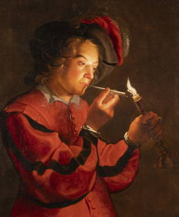 UTRECHTER CARAVAGGIST IM UMKREIS VON MATTHIAS STOM UND GERRIT VAN HONTHORST ELEGANTER JUNGER: UTRECHT CARAVAGGIST IN THE CIRCLE OF MATTHIAS STOM AND GERRIT VAN HONTHORST ELEGANT YOUNG CAVALIER LIGHTING HIS PIPE ON A CANDLE Oil on canvas (old relined). 88,5 x 74,5 cm (F. 111 x 95 cm). Verso: On