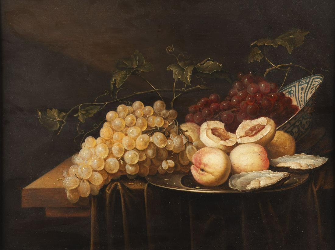 JORIS VAN SON (UMKREIS) STILLLEBEN MIT AUSTERN, TRAUBEN, PFIRSICHEN UND FAYENCESCHALE: CIRCLE OF JORIS VAN SON 24 September 1623 Antwerp - 25 June 1667 Ibid STILL LIFE WITH OYSTERS, GRAPES, PEACHES AND FAIENCE BOWL Oil on oak panel, cradled. 49 x 64 cm (F. 63 x 78 cm). Part. slightly ol