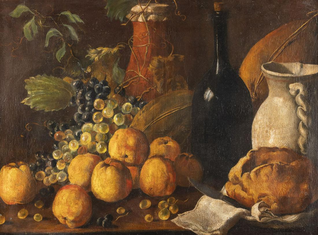LUIS EUGENIO MELENDEZ (WOHL WERKSTATT) STILLLEBEN MIT AEPFELN, TRAUBEN, MELONEN, BROT, KRUG UND: PROBABLY WORKSHOP OF LUIS EUGENIO MELENDEZ 1716 Naples - 11 July 1780 Madrid STILL LIFE WITH APPLES, GRAPES, MELONS, BREAD, JUG AND BOTTLE Oil on canvas (relined). 61 x 82 cm (F. 81,5 x 101 cm). Part.