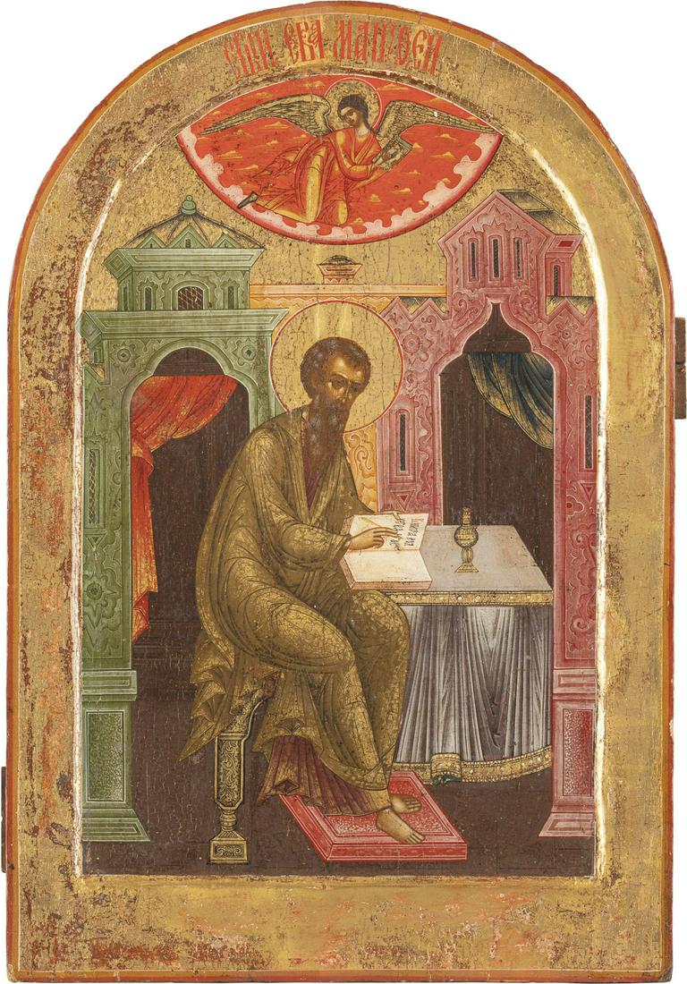 GROSSE IKONE MIT DEM EVANGELISTEN MATTHAEUS: A LARGE ICON SHOWING THE EVANGELIST MATTHEW Russian, Mstera, 19th century Tempera on wood panel with kovcheg. Finely executed with dense chrysography on a gold ground. Partially restored. 43.7 x 29.7