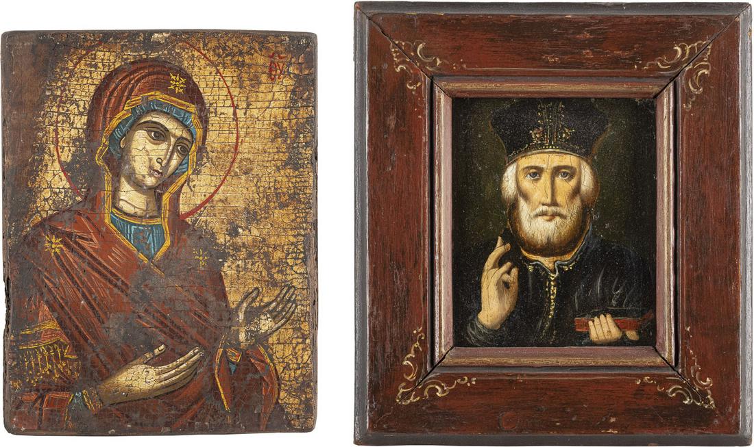 ZWEI IKONEN: HEILIGER NIKOLAUS VON MYRA UND GOTTESMUTTER AUS EINER DEESIS: TWO ICONS: ST. NICHOLAS OF MYRA AND THE MOTHER OF GOD FROM A DEISIS Russian, 19th century / recent Oil / tempera on wood panels. The background made of gold. 17.5 x 14 cm / 26 x 20 cm.ZWEI IKONEN: HEI