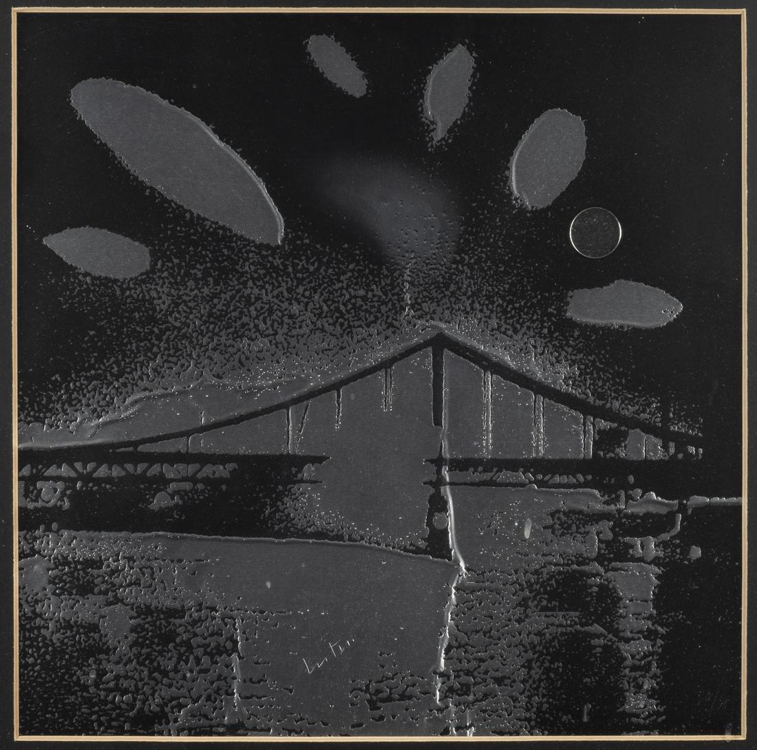 ADOLF LUTHER MOND II: ADOLF LUTHER 1912 Krefeld - 1989 ibid. Moon II Silkscreen on aluminium foil, mirror. Visible size 43 x 43 cm (F. 55 x 55 ). Signed lower centre, numbered lower right: 50/75. Framed in passepartout beh