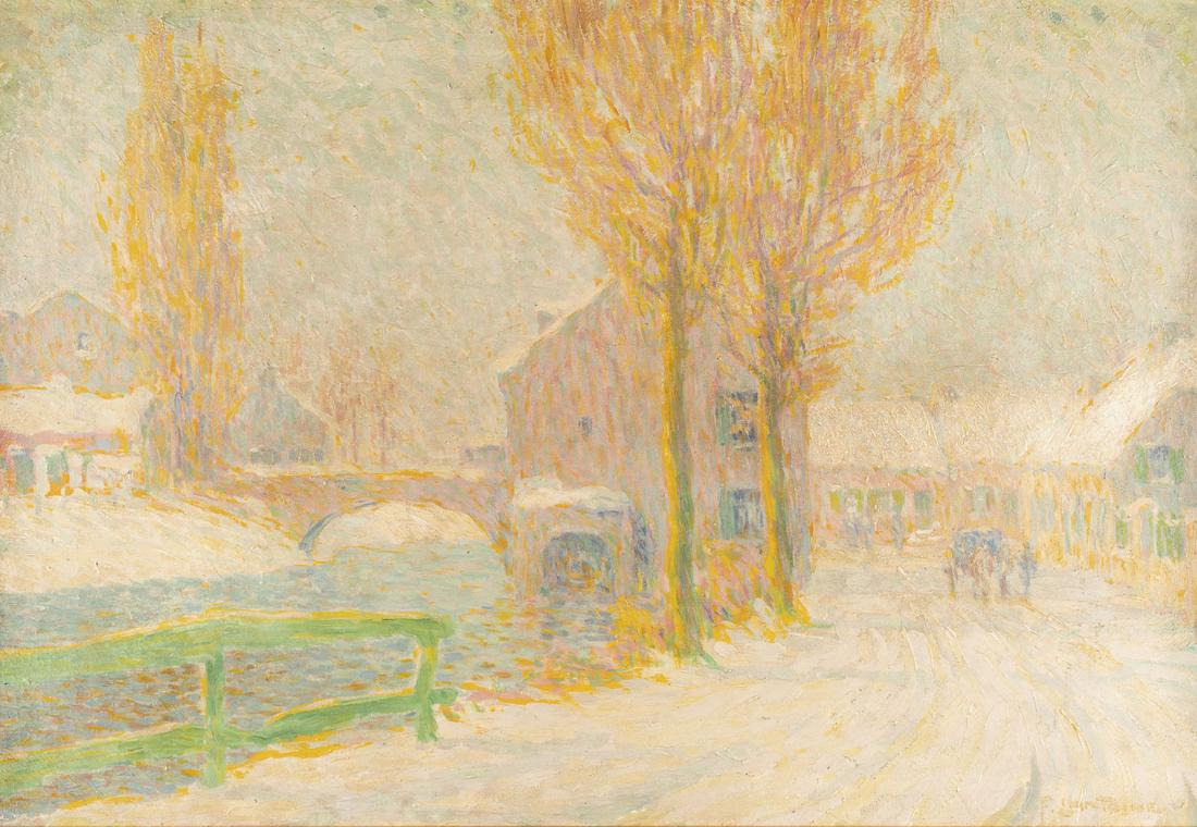 FERNAND LANTOINE ANSICHT EINER SCHNEEBEDECKTEN STADT BEI SONNIGEM WETTER: FERNAND LANTOINE 1876 Maretz - 1956 Paris View of a snow-covered town in sunny weather. Oil on canvas, marouflaged on hardboard. 54 x 79 cm (70,5 x 95 cm). Signed lower right 'F. Lantoine'. Part. very