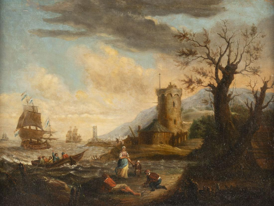 ALEXIS-NICOLAS PERIGNON KUESTENLANDSCHAFT MIT ANKOMMENDEN BOOTEN UND FISCHERN AM STRAND: ALEXIS-NICOLAS PERIGNON 1726 Nancy - 1782 Paris COASTAL LANDSCAPE WITH ARRIVING BOATS AND FISHERMEN AT THE BEACH Oil on canvas (old relined). 53 x 70 cm (F. 68 x 85 cm). Signed lower centre: 'A.N..o.