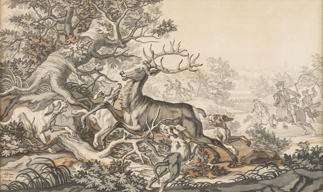 GEORG PHILIPP RUGENDAS DER JUENGERE HIRSCHJAGD, 1760: GEORG PHILIPP RUGENDAS THE YOUNGER 1701 Augsburg - 1774 Ibid STAG HUNT, 1760 Pen-and-ink drawing in black, grey and brown, partly washed, on buff handmade paper. Viewing size: 21,5 x 35,5 cm Frame siz