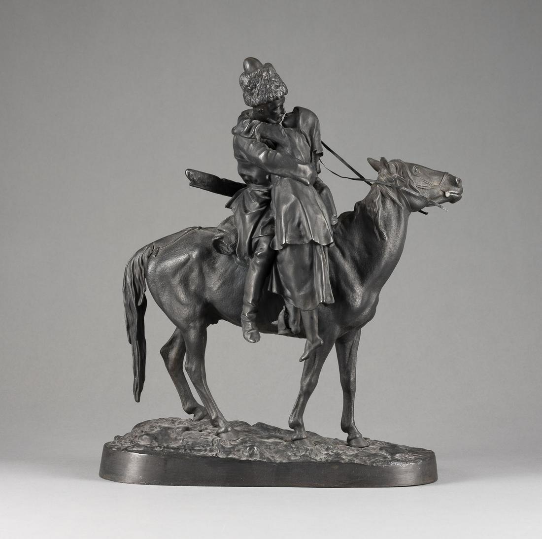 VASILII GRACHEV 1831 Berestyanki - 1905 St. Petersburg D: VASILII GRACHEV 1831 Berestyanki - 1905 St. Petersburg DER ABSCHIEDSKUSS AN IRON GROUP OF A COSSACK TAKING LEAVE OF HIS GIRL Russland, um 1900 Russian, circa 1900 Eisen, schwarz patiniert. H. 40 cm. T