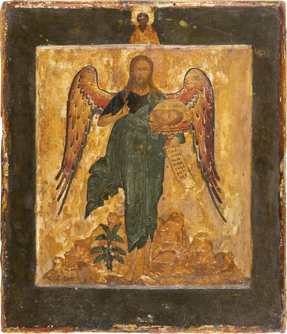 A FINE ICON SHOWING ST. JOHN THE FORERUNNER AS ANGEL OF THE: A FINE ICON SHOWING ST. JOHN THE FORERUNNER AS ANGEL OF THE DESERT Russian, 17th century Tempera on wood panel with double kovcheg. The wings highlighted in gold. The background stripped to gesso, res