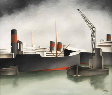 MARCEL MOUILLOT FRACHTSCHIFFE IM HAFEN VON LA JOLIETTE (MAR: MARCEL MOUILLOT 1889 Paris - 1972 Brest FRACHTSCHIFFE IM HAFEN VON LA JOLIETTE (MARSEILLE) Oel auf Leiwand. 54 x 65 cm (R. 75 x 86 cm). Unten rechts signiert 'Marcel Mouillot n. 222'. Verso: Auf der L