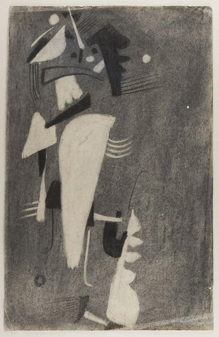 MAX ACKERMANN ABSTRAKTE FIGURATION (1955): MAX ACKERMANN 1887 Berlin - 1975 Stuttgart ABSTRAKTE FIGURATION (1955) Pastell auf Papier. 48,5 x 31,5 cm (R. 71,5 x 51,5 cm). Unten rechts handsigniert und datiert 'Ackermann 1955'. Part. mit Knicksp