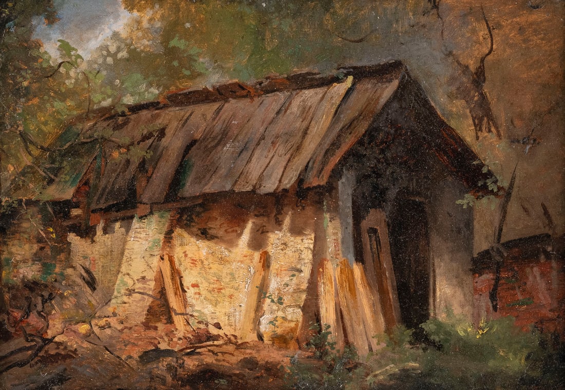 OSWALD ACHENBACH (ATTR.) 1827 Duesseldorf - 1905 ebenda OEls: OSWALD ACHENBACH (ATTR.)1827 Duesseldorf - 1905 ibid.Oil sketch 'Sawmill in the Zillertal' (1843)Oil on paper, cardboard. 34 x 48 cm (F. 42 x 47 cm). Verso: inscribed. Part. slightly abraded. Frame.OS