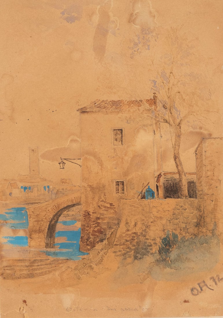 OSWALD ACHENBACH 1827 Duesseldorf - 1905 ebenda 'Osteria de: OSWALD ACHENBACH 1827 Duesseldorf - 1905 ibid. Osteria dei Pescatoris' (1872) Watercolour on paper. 18 x 13 cm (F. 31,5 x 24,5 cm). Monogrammed lower right 'O.A. 72'. Damaged. Framed behind glass (uno