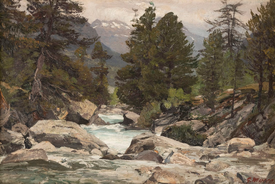 GEORG MACCO 1863 Aachen - 1933 Genua Wildbach im Suldentha: GEORG MACCO 1863 Aachen - 1933 Genoa Wild brook in the Suldenthal Oil on cardboard. Visible size 27 x 41 cm (F. 39 x 53 cm). Signed lower right 'G. Macco'. Min. soiled. Frame. Provenance: Private coll