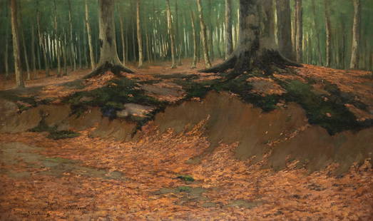 LOUIS-GUSTAVE CAMBIER 1874 Schaerbeek - 1949 Ixelles Waldl: LOUIS-GUSTAVE CAMBIER1874 Schaerbeek - 1949 IxellesForest landscapeOil on canvas. 113 x 200 cm. Signed and indistinctly inscribed. Part. min. dam.LOUIS-GUSTAVE CAMBIER 1874 Schaerbeek - 1949 Ixelles W