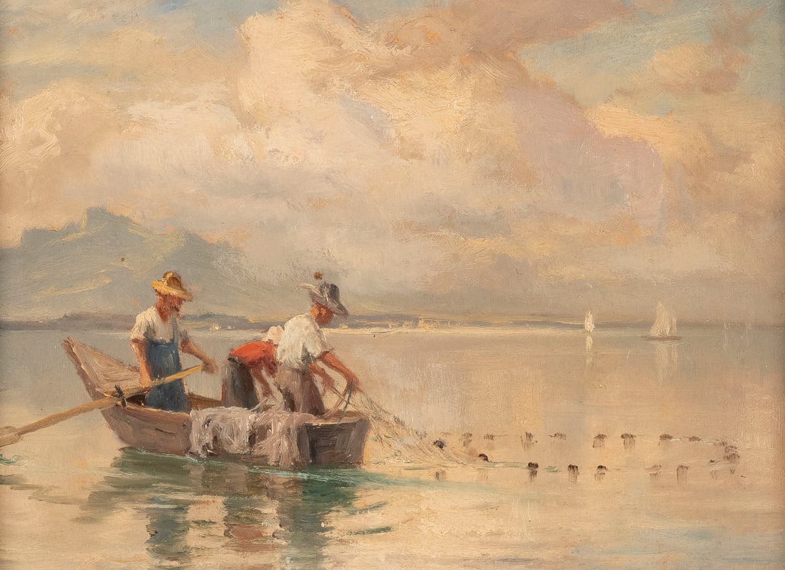 ERWIN KETTEMANN Muenchen 1897 - 1971 Chiemseefischer OEl au: ERWIN KETTEMANNMunich 1897 - 1971Chiemsee fishermanOil on cardboard. 18,5 x 23 cm (F. 38 x 44 cm). Signed lower right 'E. Kettemann'. Part. abraded. Frame.ERWIN KETTEMANN Muenchen 1897 - 1971 Chiemsee