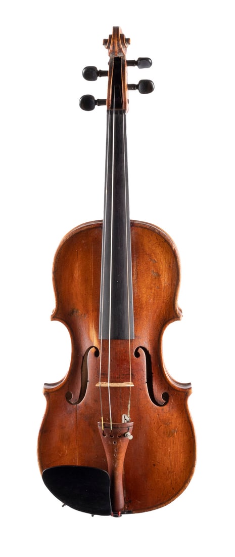 VIOLINE NACH CASPAR HOPF Wohl Klingenthal, 19./20. Jh. Ei: VIOLIN AFTER CASPAR HOPF Probably Klingenthal, 19th/20th century. One-piece spruce top and lightly flamed maple back, brown varnish. 4/4 violin, l. 60 cm, body l. 36 cm. Verso branded Hopf. partly bum
