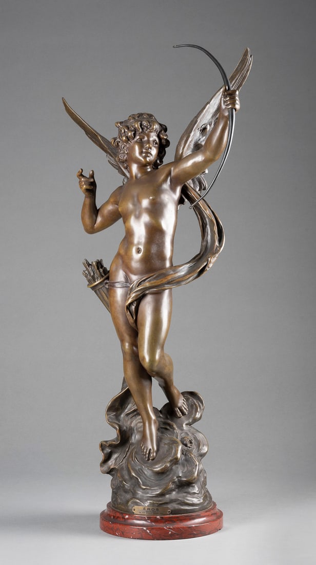 AUGUSTE MOREAU 1861 Dijon - 1906 Paris (nach) EROS Regul,: AUGUSTE MOREAU1861 Dijon - 1906 Paris (after)EROSRegul, on round marble base (h. 4 cm). Overall h. 92, w. 36, d. 21 cm, weight ca. 15,43 kg. Verso sig. 'Auguste Moreau'. Part. rubbed and loss of patin