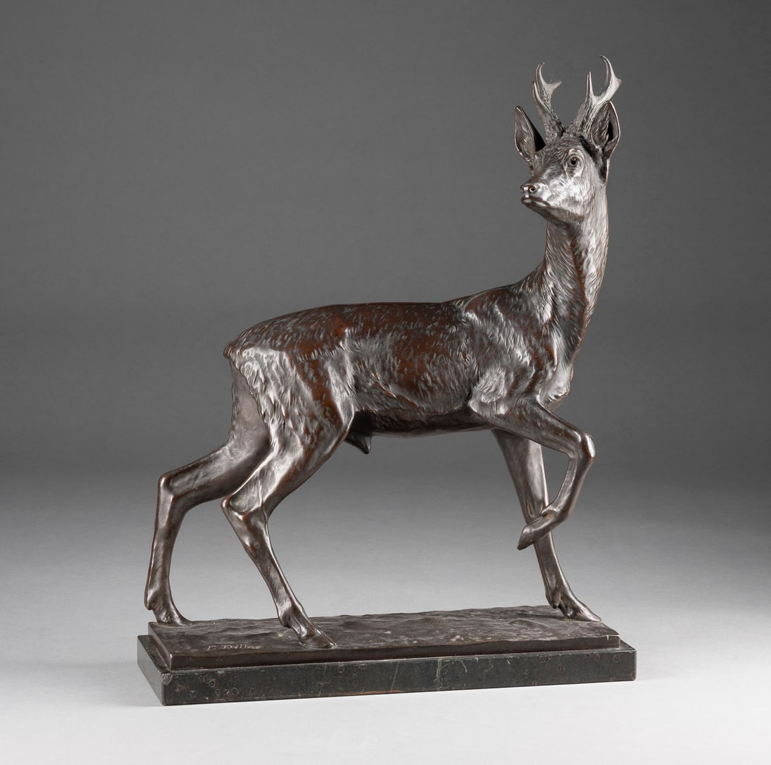 FRITZ DILLER 1875 Gertshausen/Thueringen - 1946 Muenchen REHB: FRITZ DILLER1875 Gertshausen/Thuringia - 1946 MunichREHBOCKGalvano bronze, dark patinated, on rectangular plinth and marble base (h. 4 cm). H. 49, W. 38, D. 15 cm, weight approx. 8,83 kg. on the front