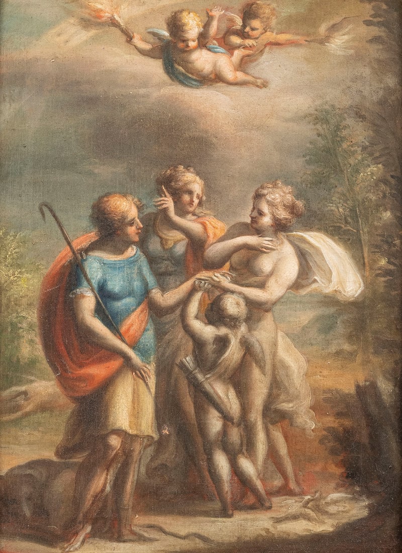 CIRO FERRI (UMKREIS) 3. September 1633 Rom - 13. September: CIRCLE OF CIRO FERRI 3 September 1633 Rome - 13 September 1689 Ibid VENUS AND PARIS Oil on canvas. 51 x 37,5 cm (F. 69,5 x 56 cm). Part. slightly old rest., min. dam. Frame. Provenance: South Rhine pr