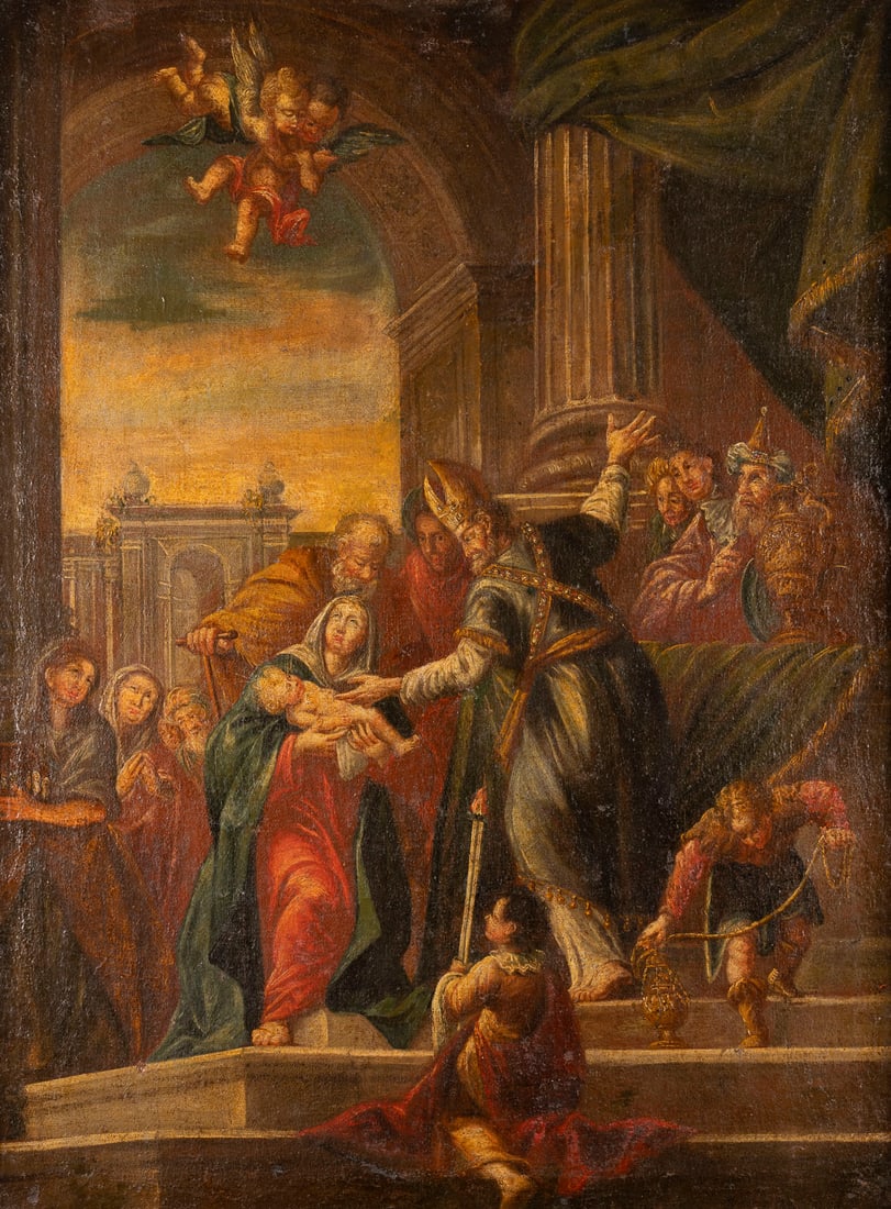 ITALIENISCHE SCHULE DES 17. JH. DARBRINGUNG IM TEMPEL OEl: ITALIAN SCHOOL OF THE 17TH CENTURY PRESENTATION OF CHRIST IN THE TEMPLE Oil on canvas (old relined). 93,5 x 69,5 cm (F. 102,5 x 79 cm). Part. old rest., old retouching, dirty surface. Frame. Provenanc