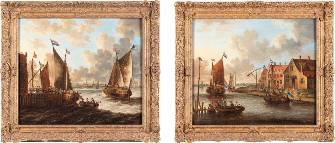 PIETER VAN DE VELDE (ATTR.) 1634 Antwerpen - 1723/24 Ebenda: ATTRIBUTED TO PIETER VAN DE VELDE 1634 Antwerp - 1723/24 Ibid PAIR OF PAINTINGS: COASTAL LANDSCAPE WITH LANDING SHIPS / SHIPS RETURNING HOME Each: Oil on canvas (relined). Each: 49.5 x 57.2 cm (F. 64