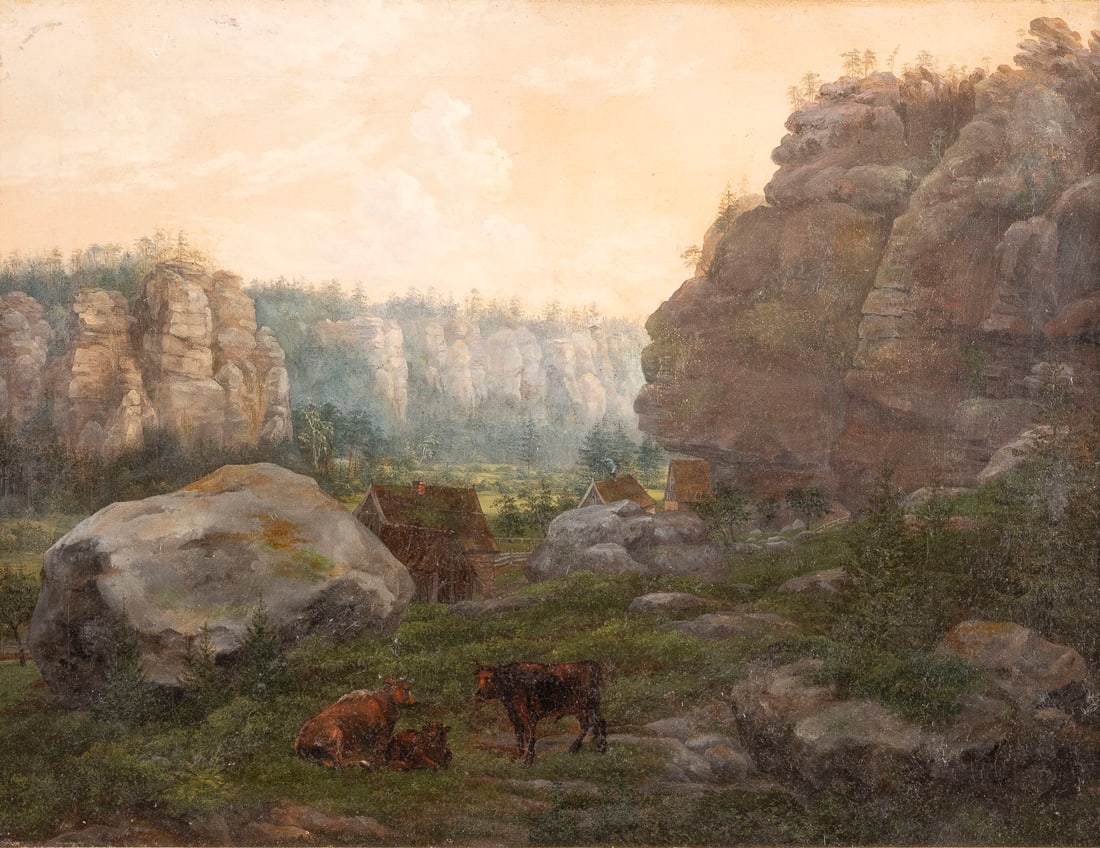 JOHANN GEORG WAGNER 26. Oktober 1744 Meissen - 14. Juni 1767: JOHANN GEORG WAGNER 26 October 1744 Meissen - 14 June 1767 Ibid LANDSCAPE IN THE ELBE SANDSTONE MOUNTAINS (?) WITH FARMHOUSES AND GRAZING COWS Oil on canvas. 45 x 59,5 cm (F. 52,5 x 67,5 cm). Monogram
