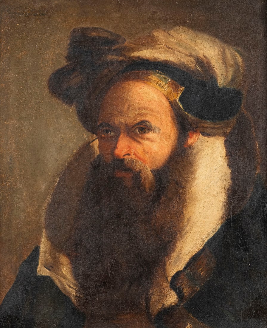GIOVANNI DOMENICO TIEPOLO (UMKREIS) 30. August 1727 Venedig: CIRCLE OF GIOVANNI DOMENICO TIEPOLO 30 August 1727 Venice - 03 March 1804 Ibid HEAD OF A SCHOLAR Oil on canvas (old relined). 58,5 x 49 cm (F. 76 x 65,5 cm). Verso: Inscribed on the frame and stretche