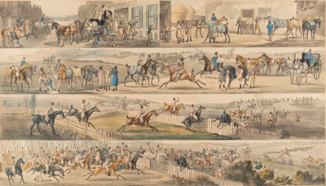 ENGLISCHE SCHULE des 19. Jh. JAGDSZENEN (NACH HENRY THOMAS: ENGLISH SCHOOL 19th cent.. 'A HUNTING TRIP TO MELTON MOWBRAY' (AFTER HENRY THOMAS ALKEN - AROUND 1820) Color aquatint etchings on paper. Visual size 48.5 x 72 cm, print size 31 x 55.5 cm (f. 68.5 x 92