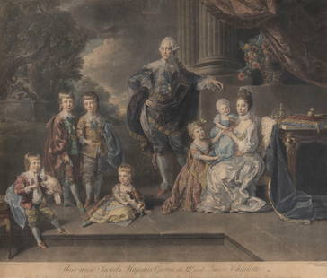 RICHARD EARLOM 1743 London - 1822 ebenda 'THEIR MOST SACRED: RICHARD EARLOM 1743 London - 1822 ibid. 'THEIR MOST SACRED MAJESTIES GEORGE THE IIID AND QUEEN CHARLOTTE (...)' (AFTER JOHANN JOSEPH ZOFFANY - 1771) Color aquatint on paper. Visual size 50.5 x 59.5 cm