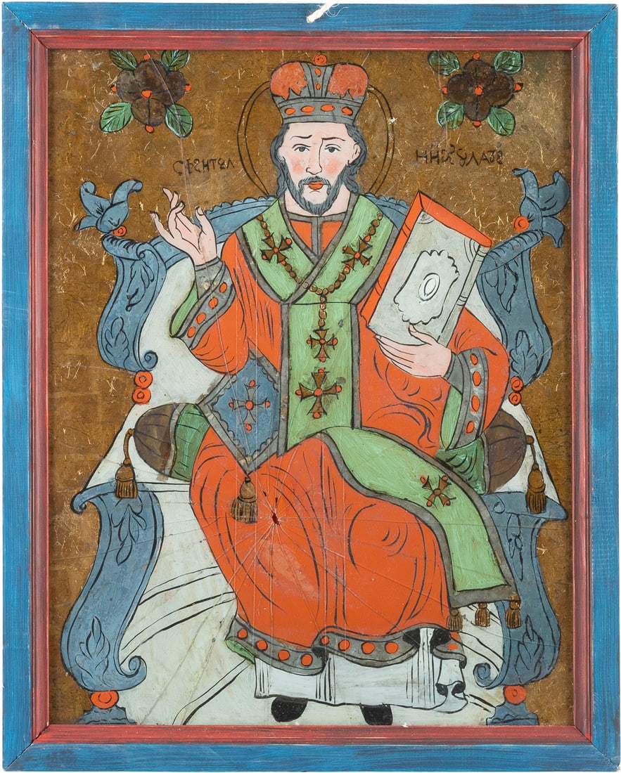 A REVERSE PAINTING ON GLASS SHOWING ST. NICHOLAS: A REVERSE PAINTING ON GLASS SHOWING ST. NICHOLAS Romanian, Iernuteni, 19th century Painted on glass, the background made of gold. Cracks restored. 58.8 x 46.7 cm.HINTERGLAS-IKONE MIT DEM HEILIGEN NIKO