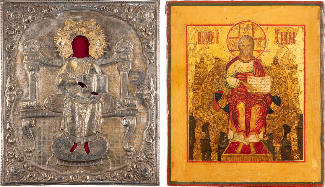 An Icon Showing The Enthroned Christ The 'kings Of Kings' With Oklad
