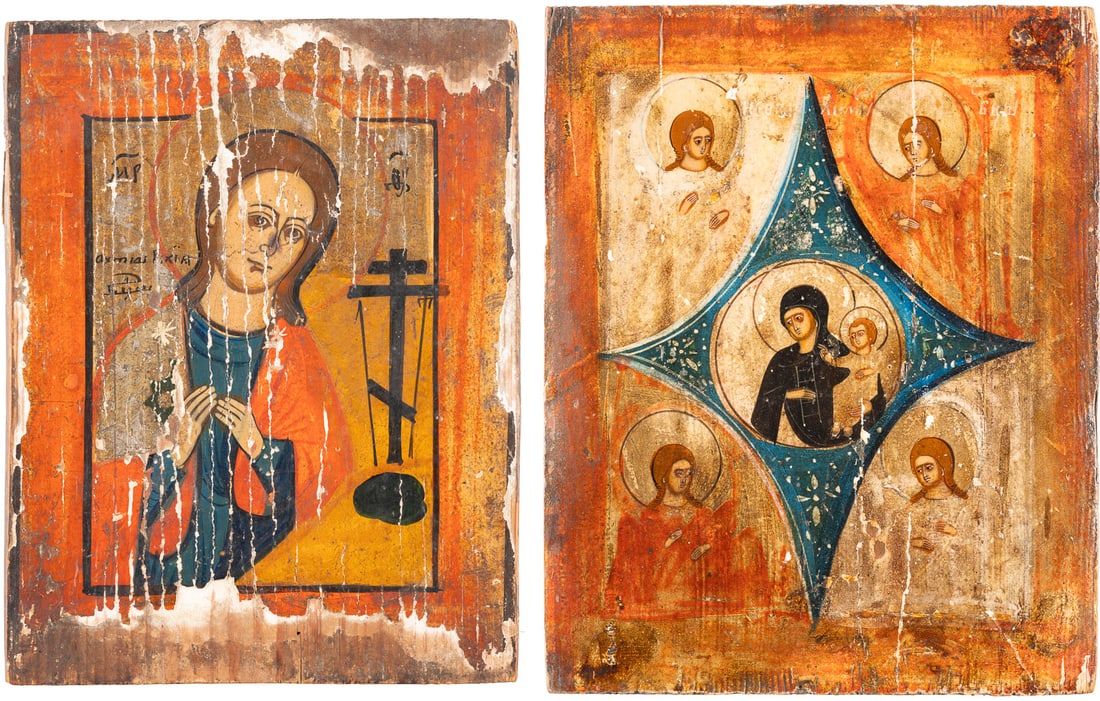 TWO ICONS SHOWING IMAGES OF THE MOTHER OF GOD: TWO ICONS SHOWING IMAGES OF THE MOTHER OF GOD Russian, 19th century Tempera on wood panels. The background made of silver, covered by a golden lacquer. Losses. 26.8 x 20.4 cm / 28.2 x 23 cm.ZWEI IKONE