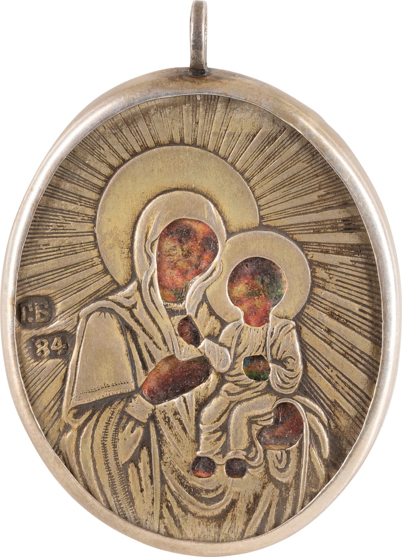 A SILVER-GILT MOUNTED MEDALLION SHOWING THE IVERSKAYA MOTHER OF GOD: A SILVER-GILT MOUNTED MEDALLION SHOWING THE IVERSKAYA MOTHER OF GOD Russian, late 19th century Oil on wood. The silver-gilt mount finely engraved. Marked with 84 standard and master's mark. Minor loss